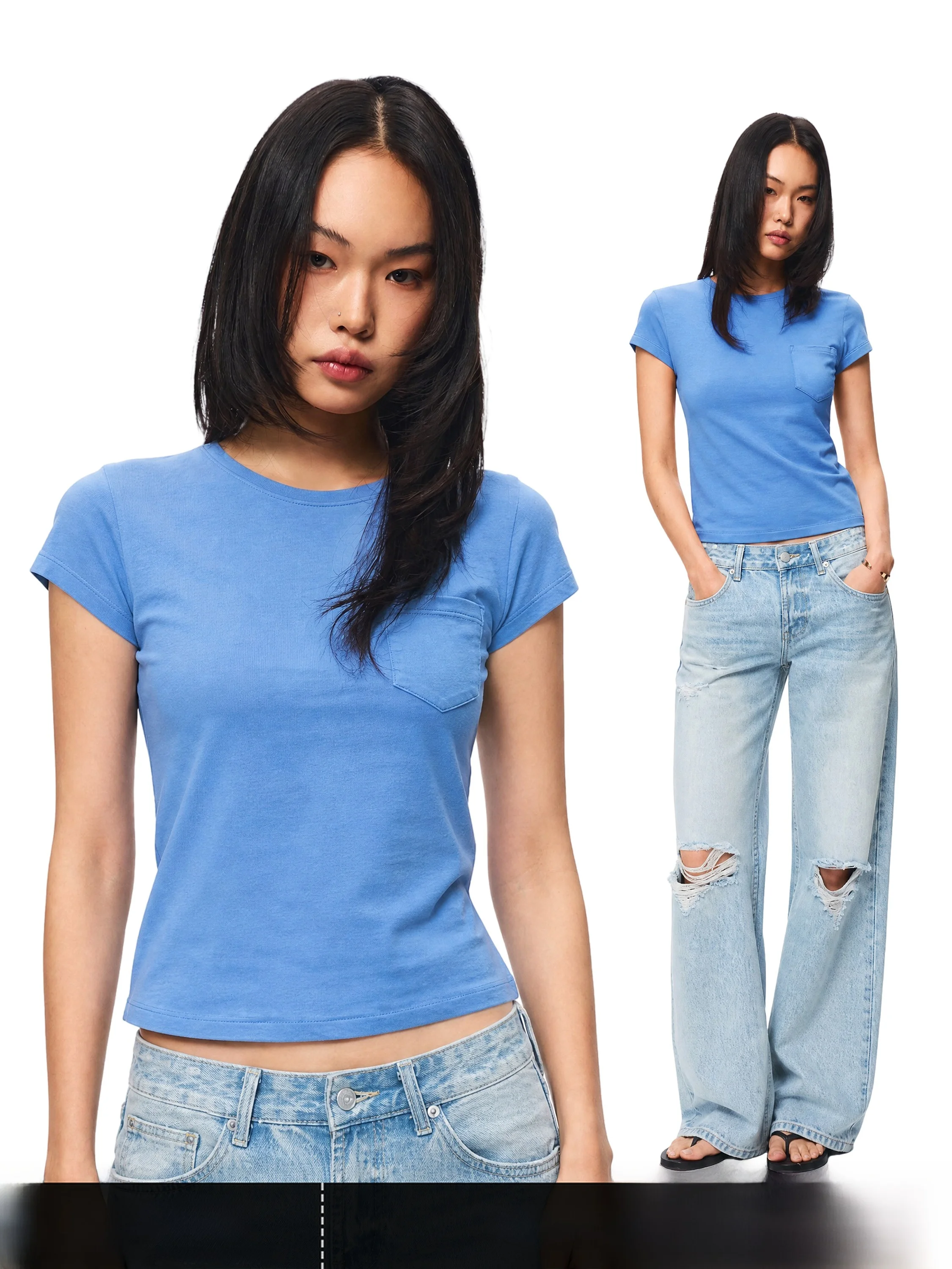 Casual Basic Short Sleeve round Neck T-Shirt Women's Slim Fit Short Length Cotton Polyester Blend GO GO BURN Autumn New Style