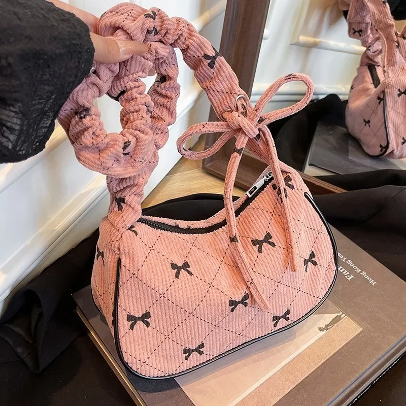 Cute Butterfly Knot Printed Flower Lantern Core Velvet Bag, Wrinkled Handheld Crescent Shoulder Bag, Sweet Small Handbag
