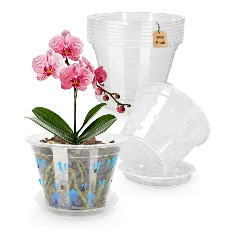 5Pcs 11/12.5/14/15/17cm Planter Pots with Side Holes Orchid Flowerpot with Trays Breathable Transparent Plastic  Flowerpot