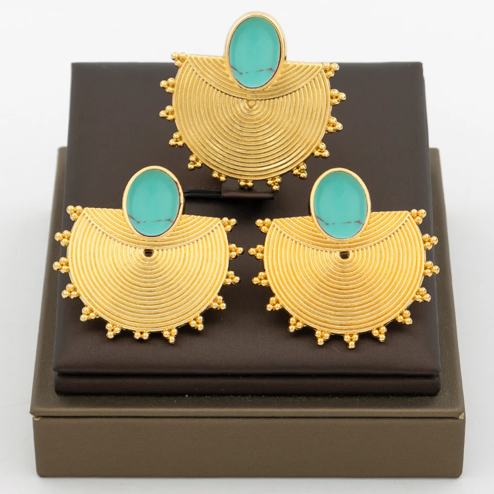 18K vergoldetes fächerförmiges mehrfarbiges ovaler Stein-Ohrringe- und Ring-Set für Damen, luxuriöse Hochzeits- und Party-Accessoires, Brautschmuck, Geschenk – Detail 2