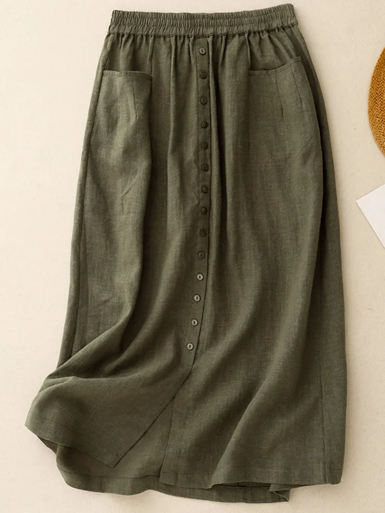 High Waist Cotton Linen Half Skirt Women's Spring Summer Mid-Length Versatile Single Button Casual A-Line Skirt