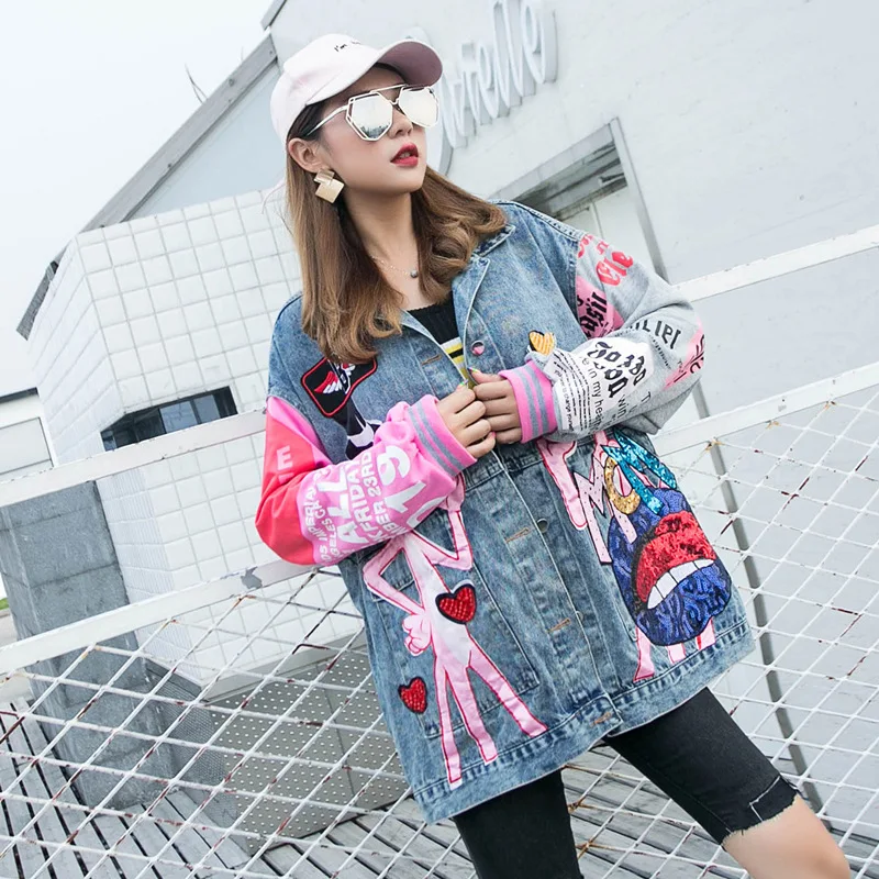 Colorblock 봄 가을 긴 소매 여성 데님 코트 만화 스팽글 비즈 루즈 자켓 streetwear 여성 카디건상의
