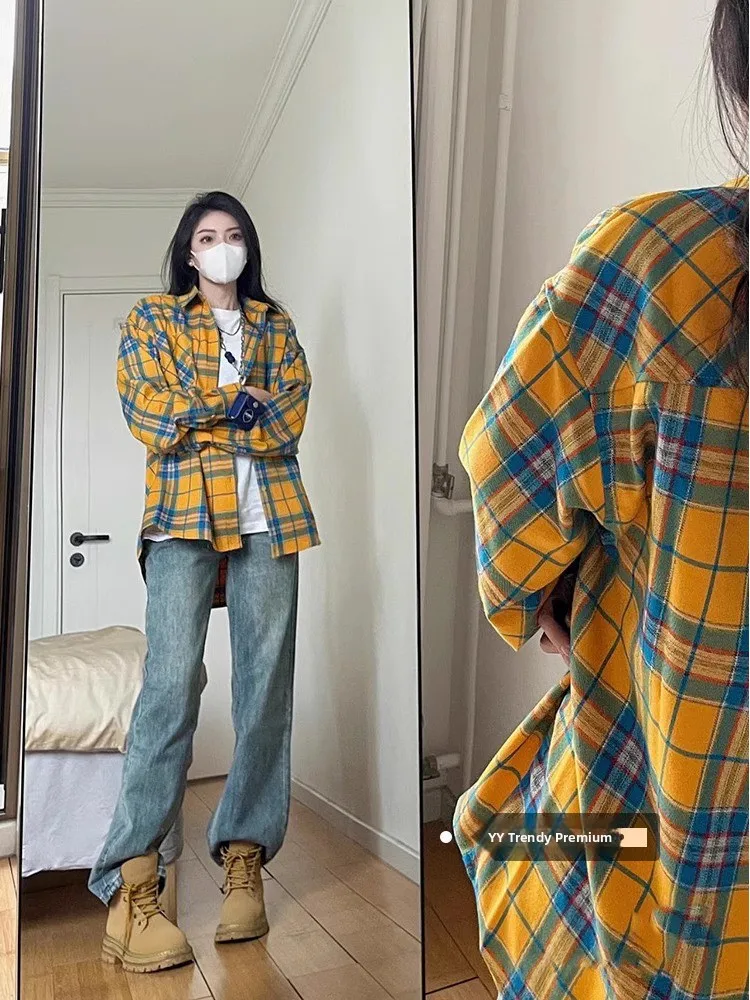 

Yellow Plaid Long Sve irt Women's Outerwear Autumn New Arrival Small Size Sun Protection Top Faionable Wear Resistant
