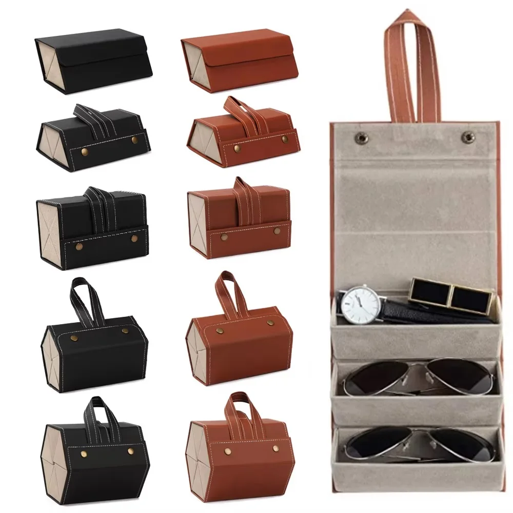 Brown Fashionable portable PU leather foldable glasses storage box 2/3/4/5/6 multi slot glasses display stand