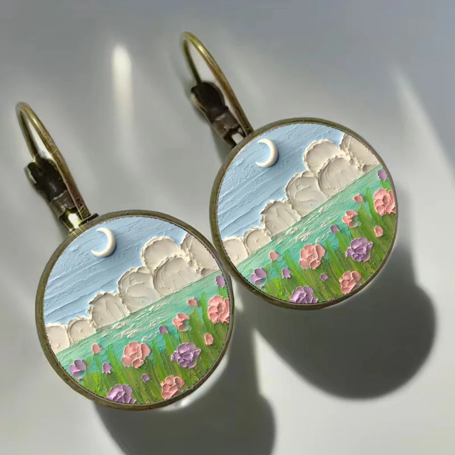 Oil Painting Stick Landscape Earrings Colorful Flower and Grass Clouds Oil Painting Glass Earrings Beautiful Gift for Girls