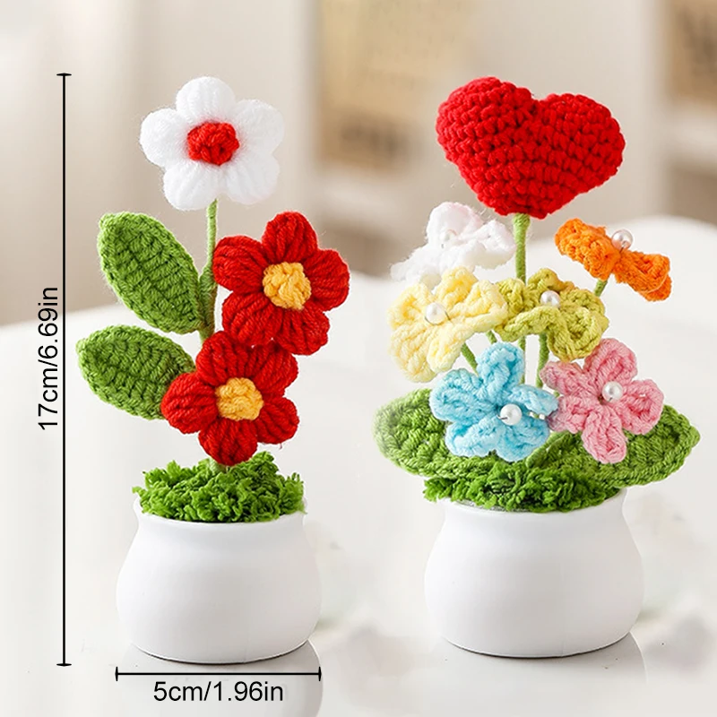 Handmade Crochet Flower Potted Desktop Ornaments Artificial Flowers Pot Plants Wedding Guests Gift Home Room Decorations