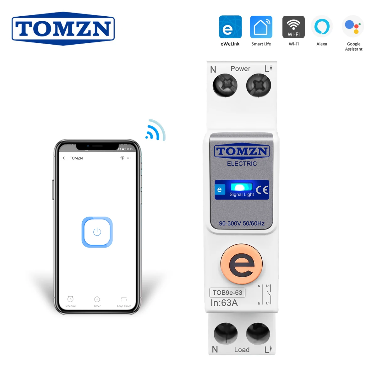 TOMZN Din Rail WIFI Circuit Breaker Smart Switch Remote Control by Ewelink Smart Home 18mm 63A without metering function