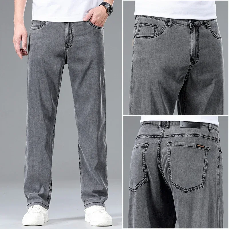 2024 New In Lyocell Summer Thin Jeans Men's  Loose Straight Casual Stretch Business Large Size Male Pants Solid Color