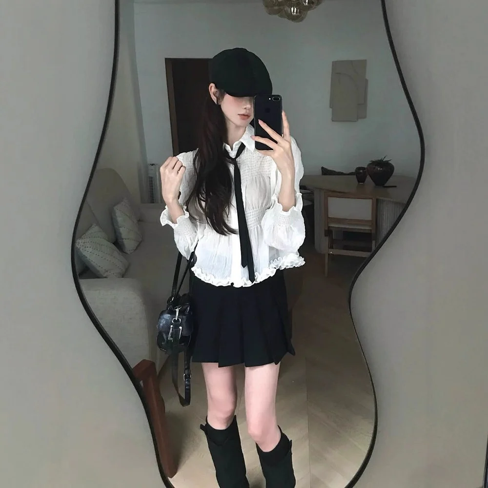 

Labelleblanc25 Осенний корейский комплект с простой плиссированной юбкой и галстуком-бабочкой, повседневная хлопковая дышащая женская юбка...