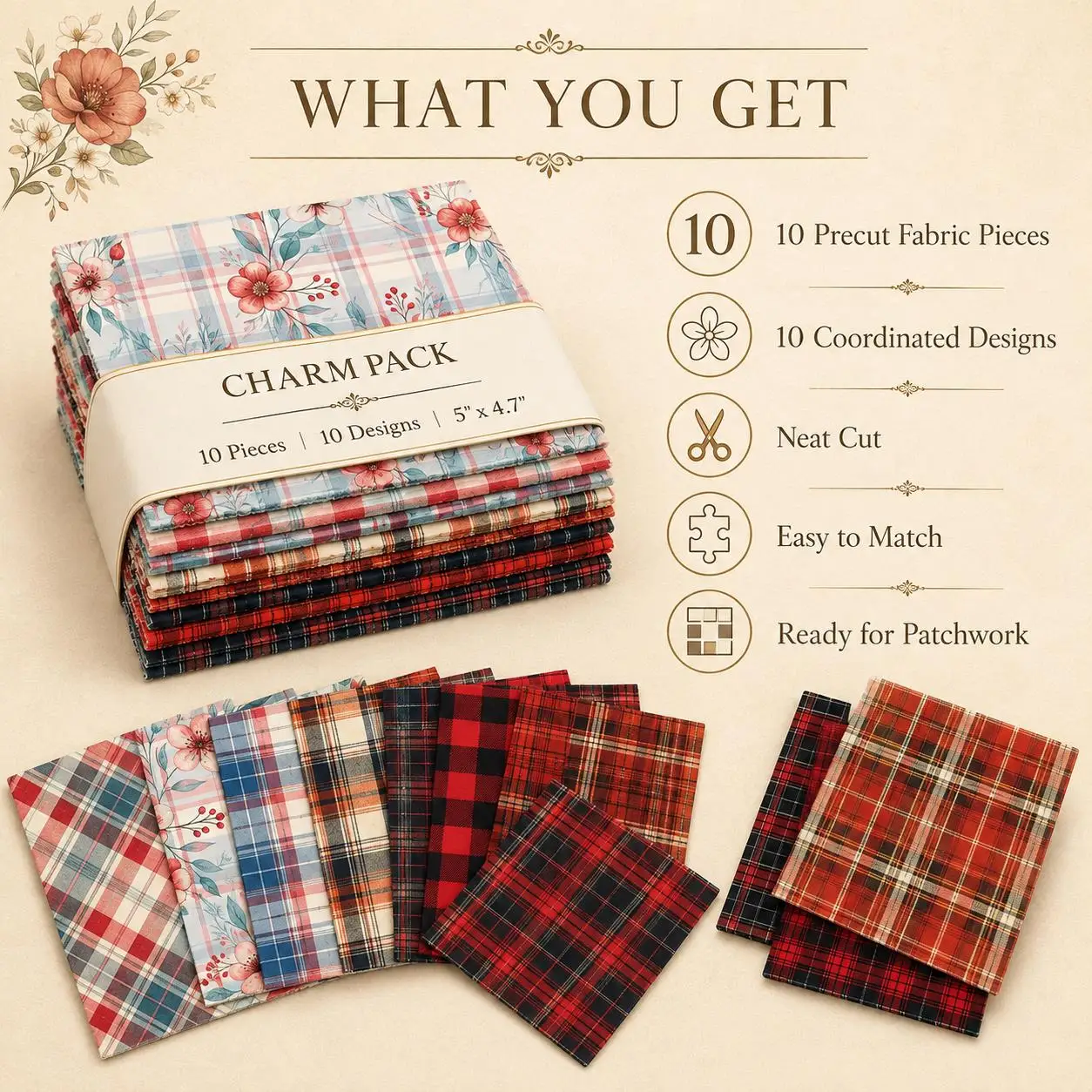 Pre-cut 10Pc/Set Christmas Plaid Series Flower Fat Quarter Fabric, Pre-Cut Square Fabric Assort, Fabric Set, Craft Fabric