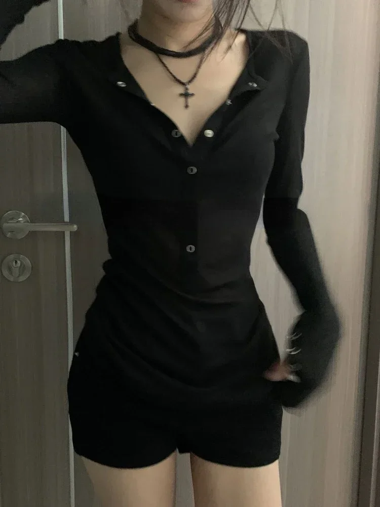 Simple V-neck Single Breasted Tops Mujer Y2k Slim Fit Long Sleeve Tee Shirt 2025 Early Autumn New All-match T-shirt for Women