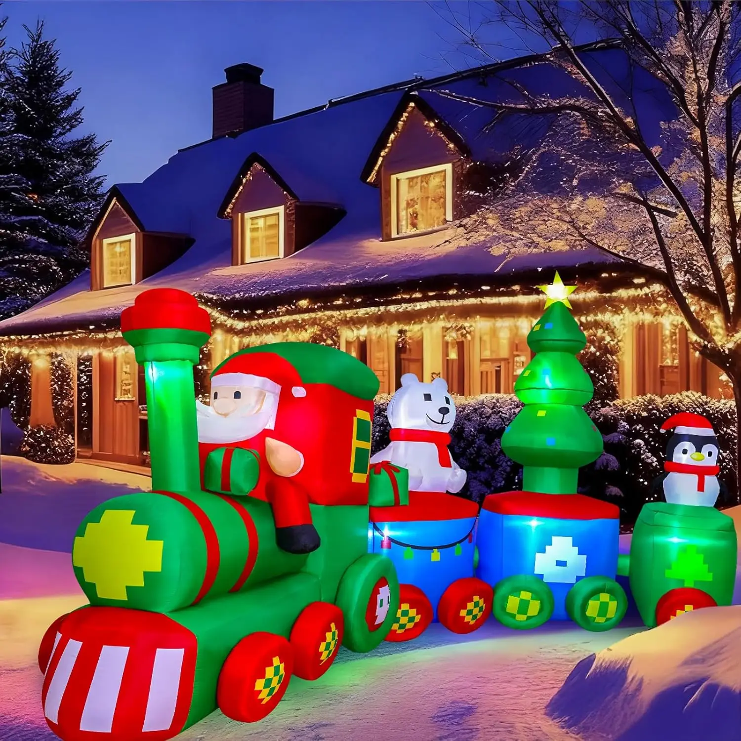 14FT Christmas Inflatables Train with Santa Claus Bear Penguin Christmas Tress Built-in LED Lights Blow Up for Party Holiday Dec