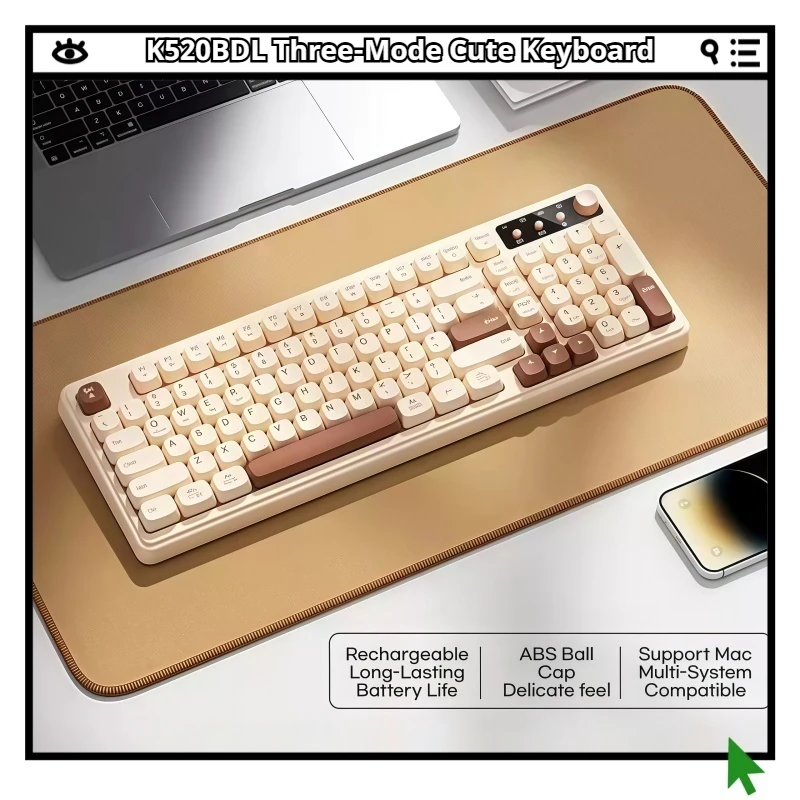 

K520BDL Трехрежимное подключение клавиатуры Беспроводная индивидуальная АБС-пластик Матовое мелкозернистое зерно RGB Эргономичная кнопка светового тона Механическая ручка