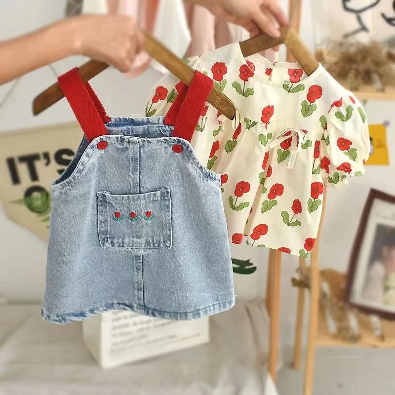 Baby and Girls Clothing Set Summer New Children\'s Strap Skirt Shirt Two piece Set Kids Cotton Outfit