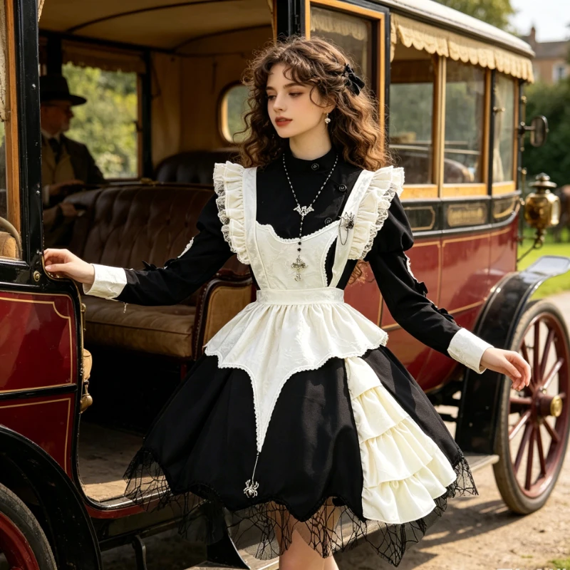 

Dark Gothic Lolita Black and White Bubble Sleeves Vintage Lace Set Suitable for Carnival, Masquerade Ball, and Theme Parties