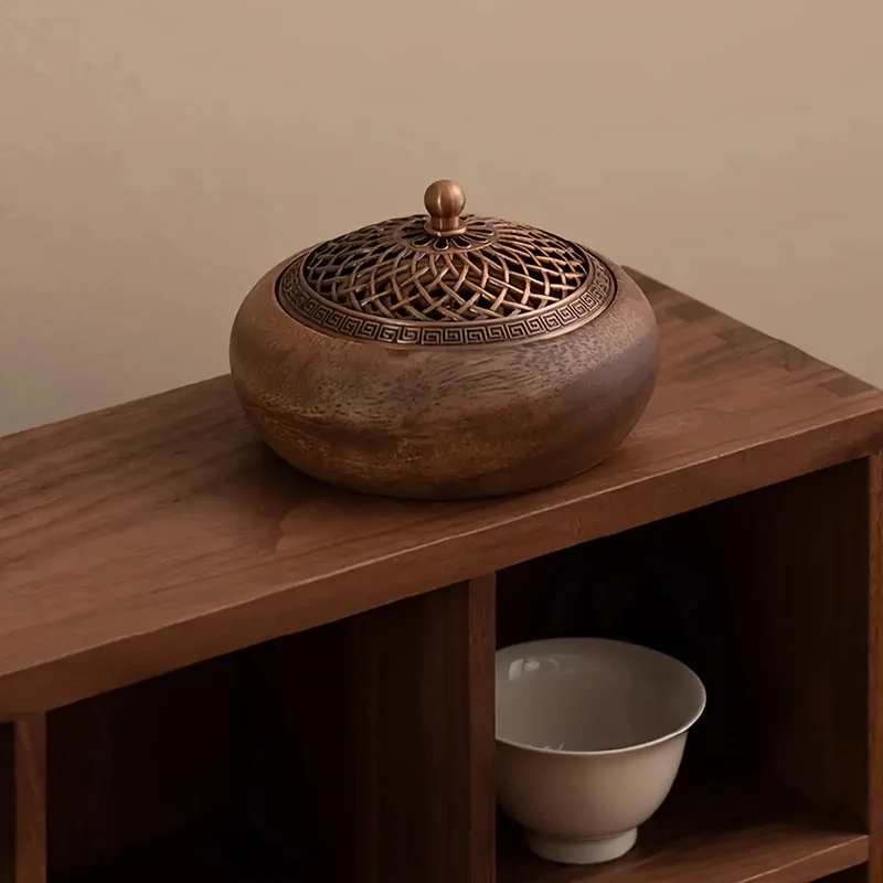 1pcs South American walnut retro solid wood round incense burner, high-end atmospheric home indoor incense burner