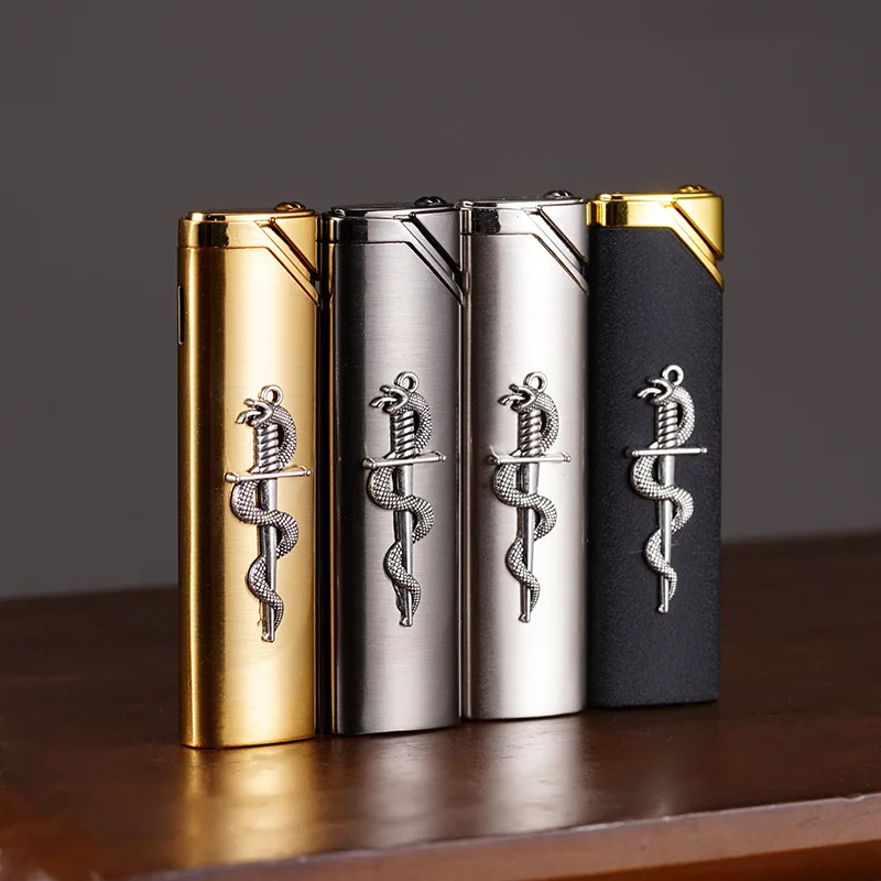 

Snake Pattern Stamping Straight Rush Lighter Inflatable Windproof Metal Texture Handmade Design Cigarette Lighting Tool Men Gift