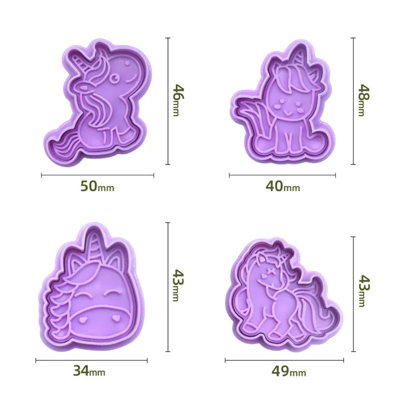 4Pcs/set Unicorn Shape Cookie Cutters Plastic 3D Cartoon Pressable Biscuit Mold Cookie Stamp Kitchen Baking Pastry Bakeware Tool