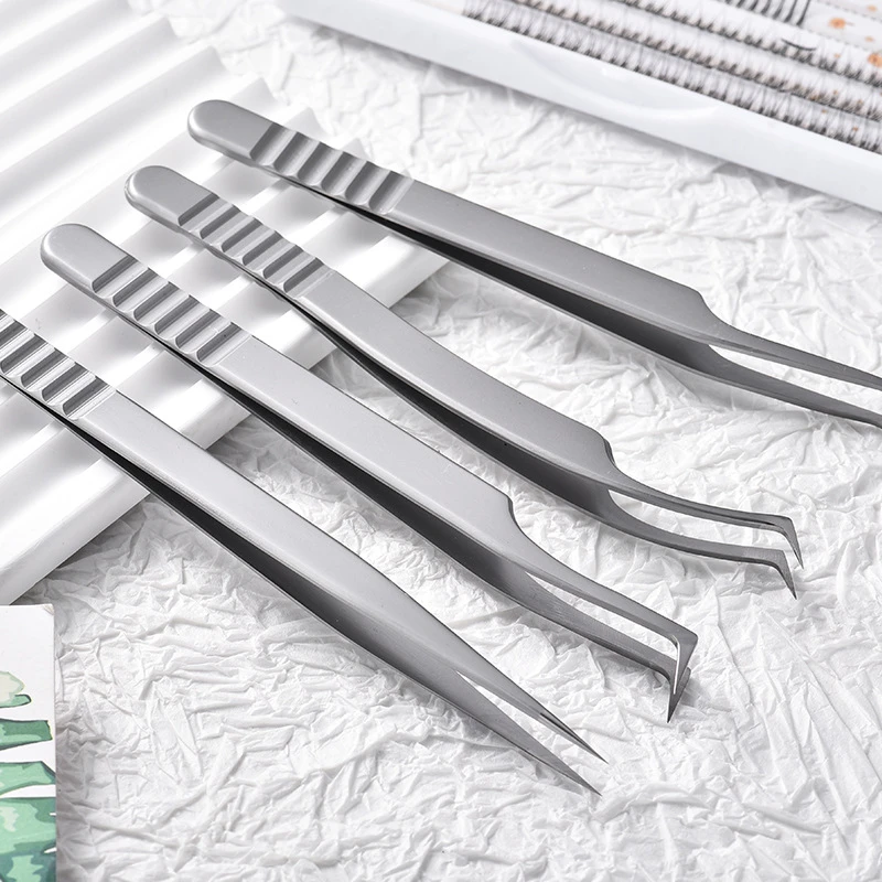 1Pcs Stainless Steel Lash Tweezers Professional Eyelash Extensions Tweezer Makeup Tools Silver Sticker Eyelash Volume Tweezers