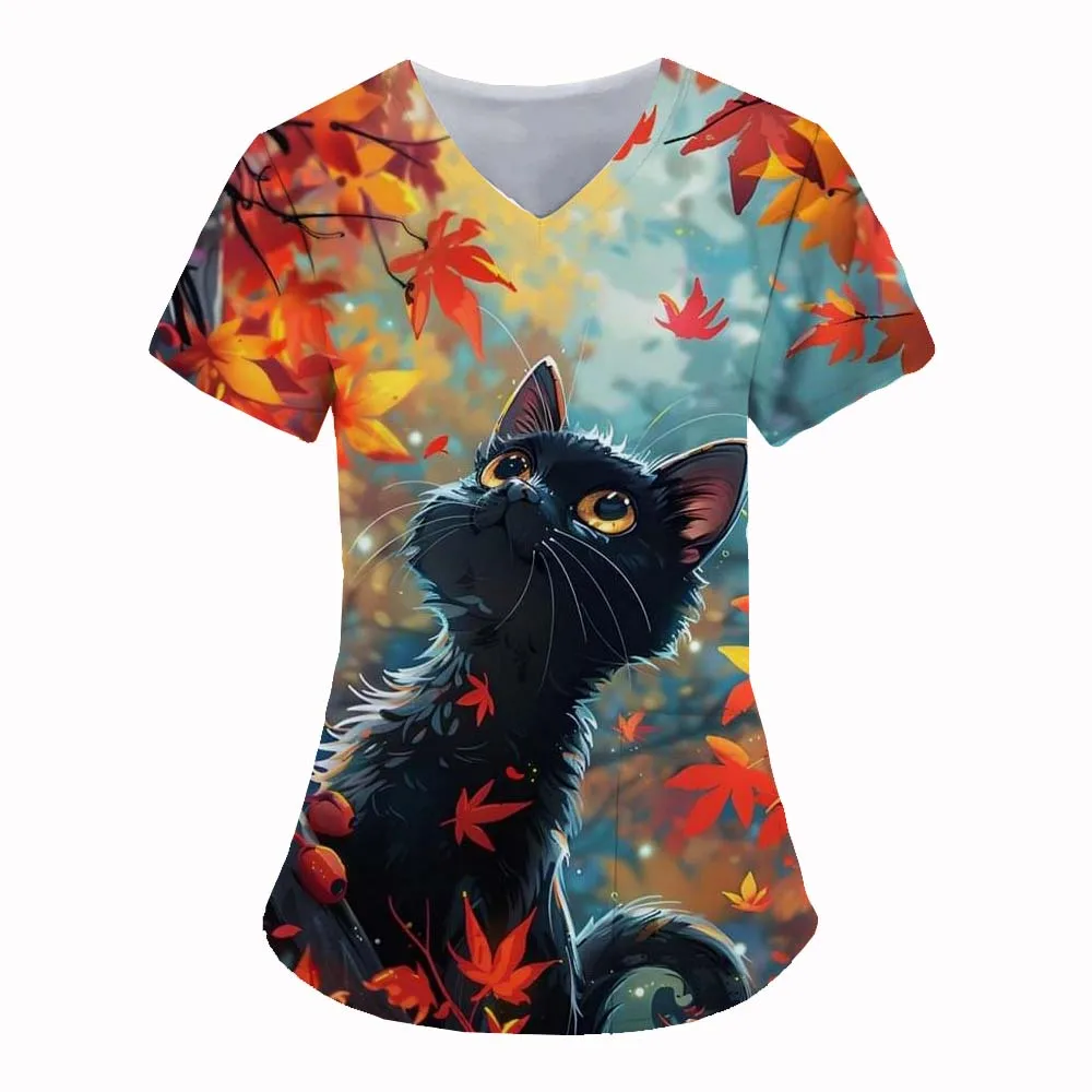 Medical Uniform for Women cute Cat 3D Print V-Neck Clinical Uniform Short Sleeve Tops Patch Pocket  Surgical Women's Uniforms