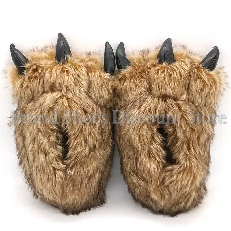 Chinelos de garra de urso animal para homens e mulheres, chinelos peludos engraçados, pata de fera quente de pelúcia, sapatos de pele, slides, chinelos internos