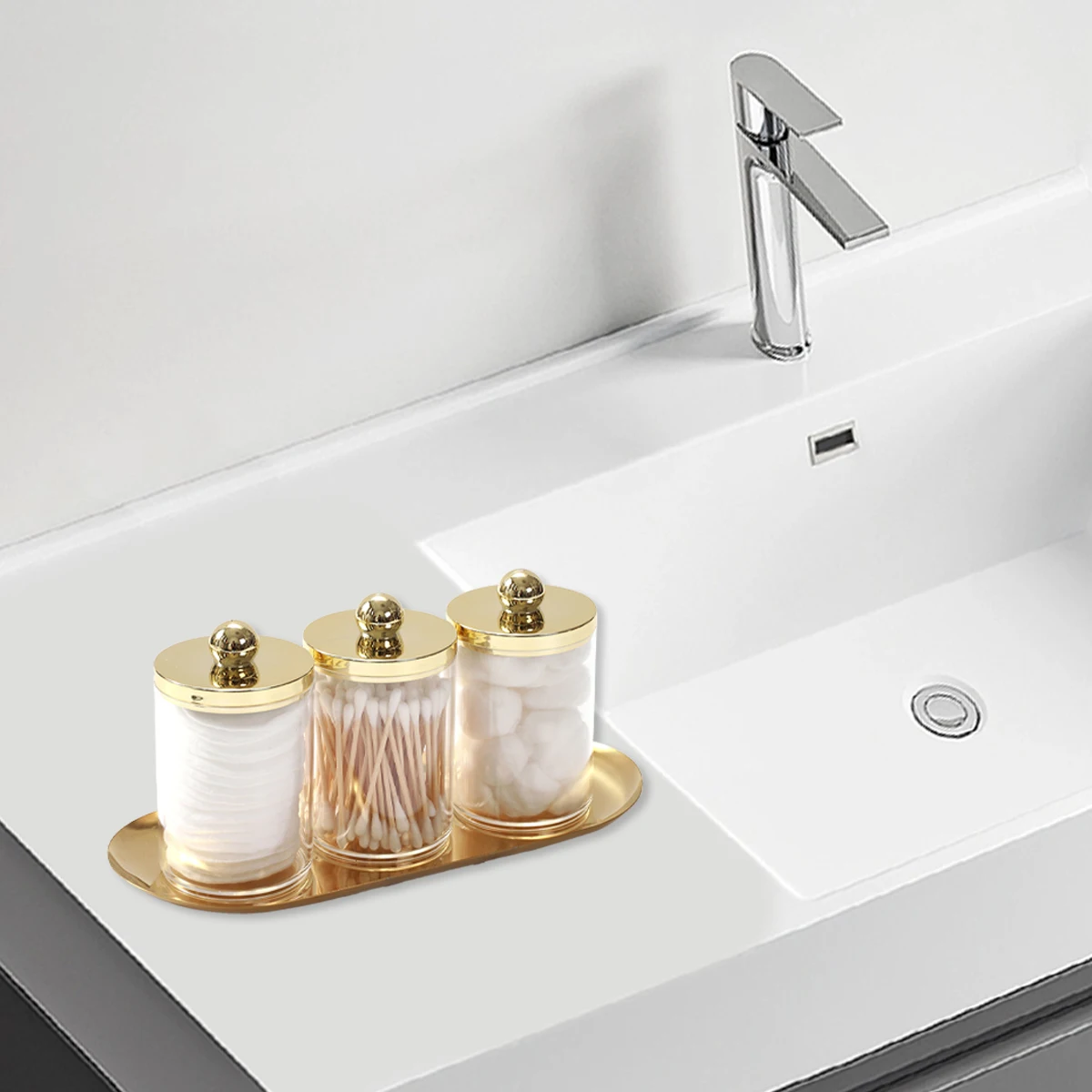 2/3 حزمة Qtip حامل الحمام مجموعة مع صينية ذهبية المنظم الاكريليك البلاستيك صيدلية الجرار Qtip موزع علبة مع غطاء