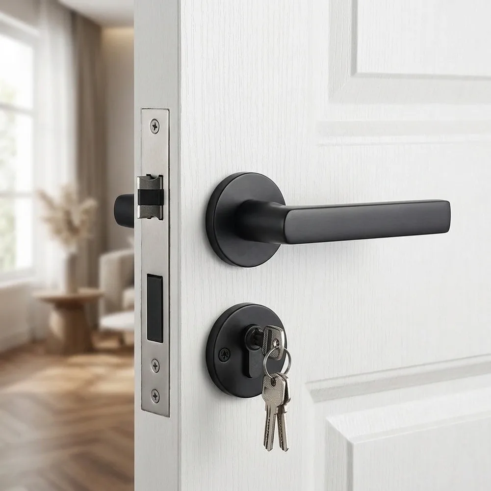 Lever Door Lock Set Matte for Black with Ultra-Quiet Magnetic Mortise Solid Brass Cylinder ABS Dust Box and Full Mounting Kit