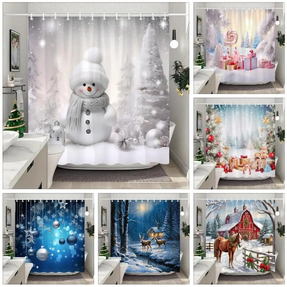 White Snowman Christmas Shower Curtains Christmas Gift Blue Forest Deer Rustic Cottage Washable Home Bath Curtain Bathroom Decor