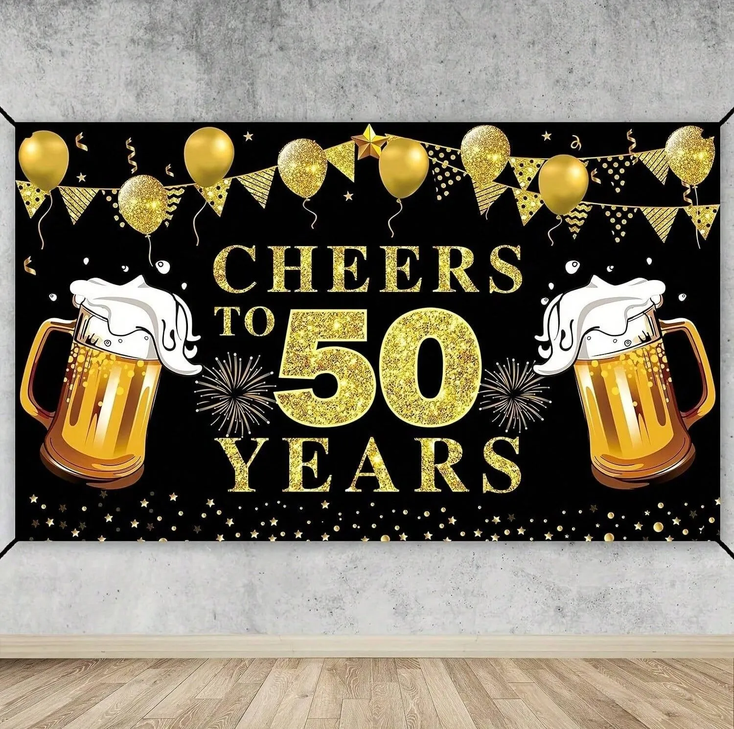 Schwarz-goldenes Banner mit Bier-Motiv als Fotohintergrund, Dekoration für die 50. Geburtstagsfeier für Erwachsene, Fotostudio-Hintergrund – Detail 3