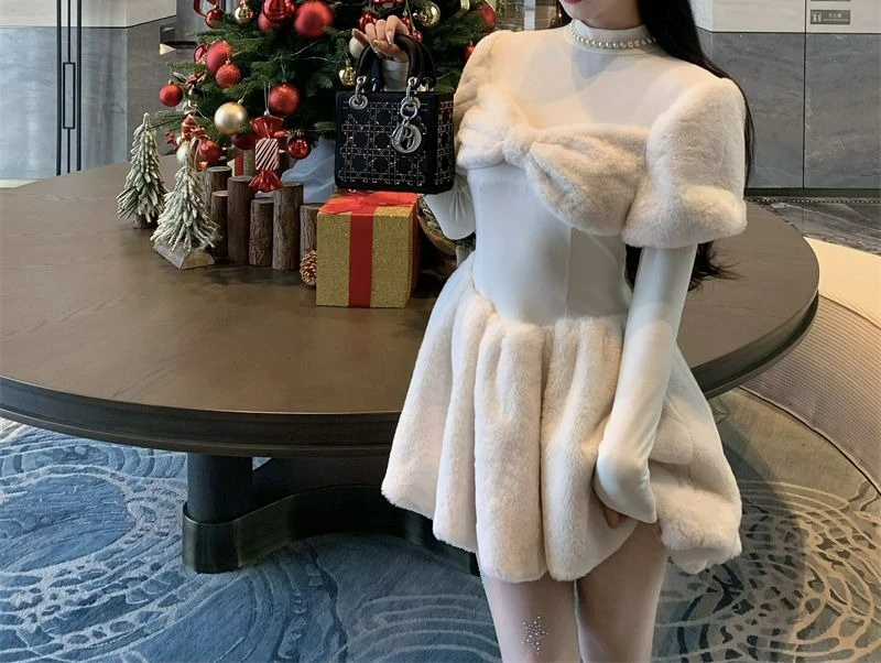 Sweet Temperament Bowknot Furry Patchwork Princess Dress Autumn New Christmas Waist-Slimming Flower Bud Fairy Short Dress
