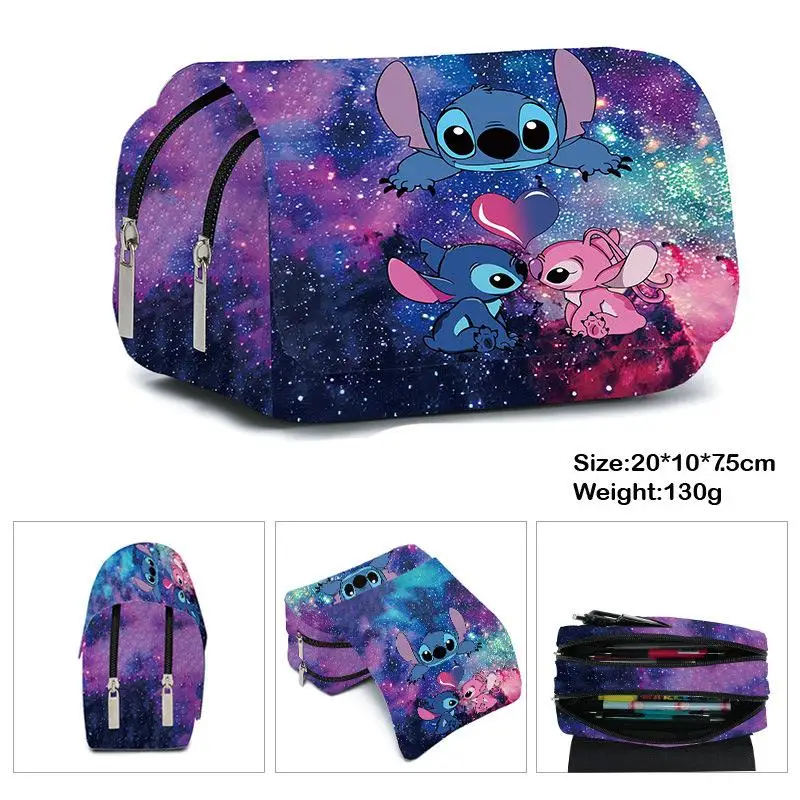 Disney-Stitch Pen Bag Grande Capacidade, Student Handheld Pen Bag, Saco de armazenamento de camada dupla, Saco de maquiagem bonito e simples, Papelaria