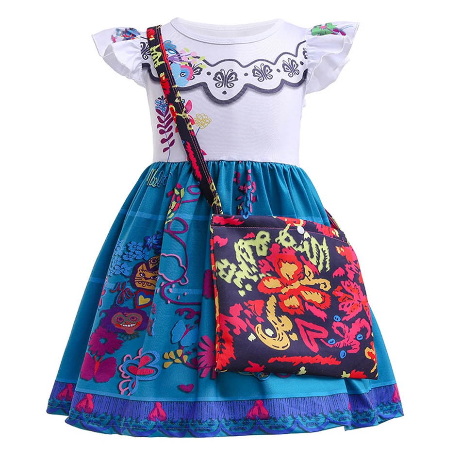 Encanto Isabela Costume Mirabel Charm Princess Outfits Girls Dress Cosplay Baby Flare Sleeves Kids Clothes Vestido Bag 2-10T