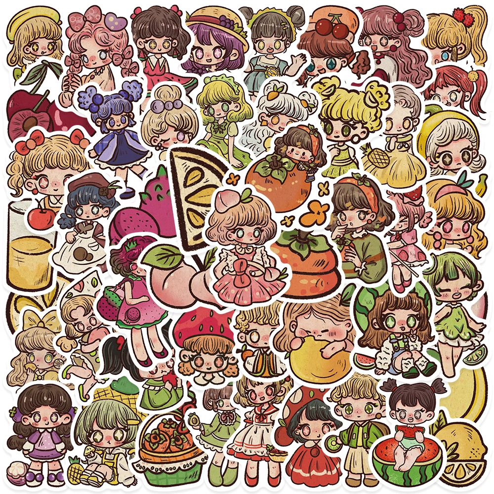 50pcs Retro Fruit Girl Stickers Decals For Scrapbook Suitcase Refrigerator Skateboard DIY Graffiti Aesthetic Stickers Kids Gifts