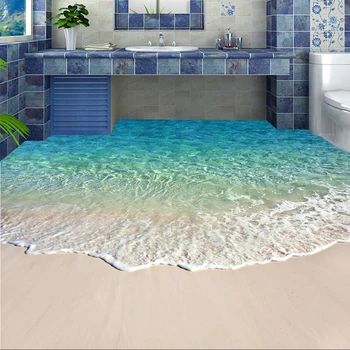 Custom Zelfklevende Floor Muurschildering Foto Behang 3D Zeewater Wave Vloeren Sticker Badkamer Draag Anti-Slip Waterdichte Muur papers