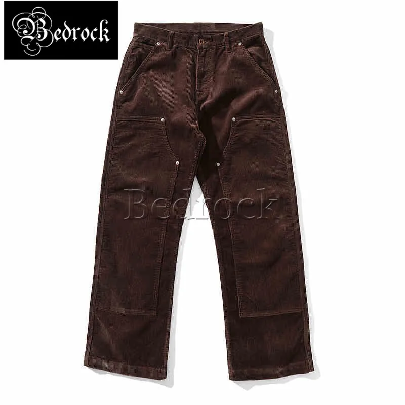 

MBBCAR Brown 350G corduroy cargo pants men double knee lumberjack pants All cotton Vintage high waist wide leg Straight pants