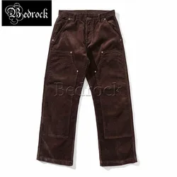 MBBCAR Brown 350G corduroy cargo pants men double knee lumberjack pants All cotton Vintage high waist wide leg Straight pants