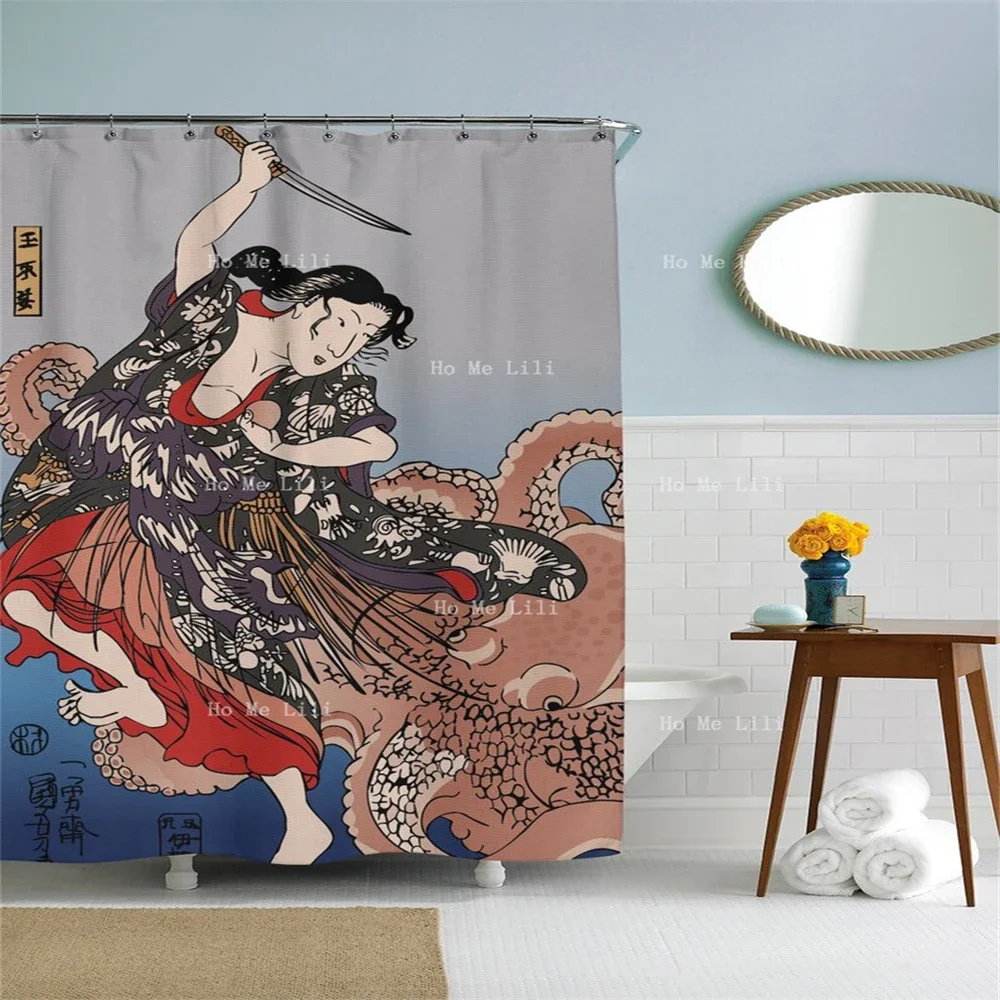 Traditional Japanese Art, Sea Monster Octopus Shower Decoration, Geisha Printed Shower Curtain