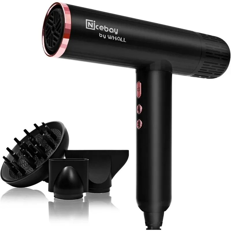 Nicebay Ionic Hair Dryer, Professional Blow Dryer with 3 Attachments, 110000RPM High-Speed Brushless Motor for Fast Drying