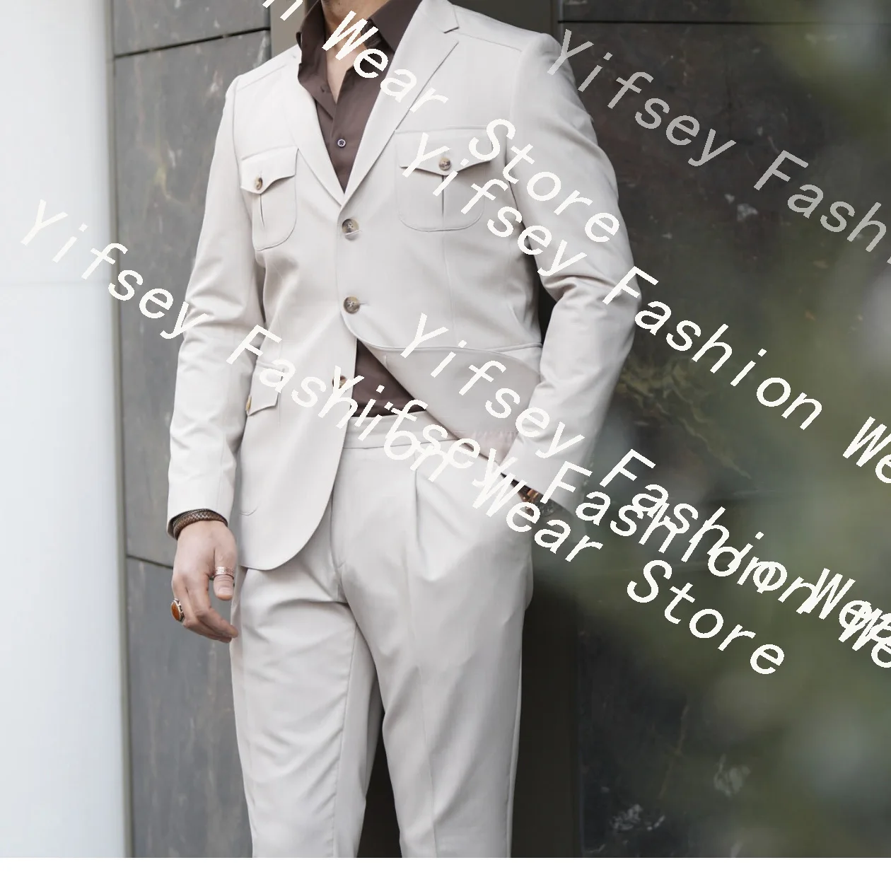 

Мужские костюмы цвета слоновой кости с вырезанными лацканами в африканском стиле сафари, свадебная мужская одежда, индивидуальный пошив: пиджак, брюки, 4 кармана с клапанами