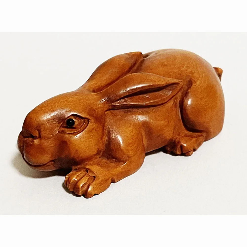 

RS369, 20 Years Old 2" Hand Carved Japanese Boxwood Netsuke, Lovely Rabbit Figurine, Zodiac Animal Sculpture, Small Ornaments