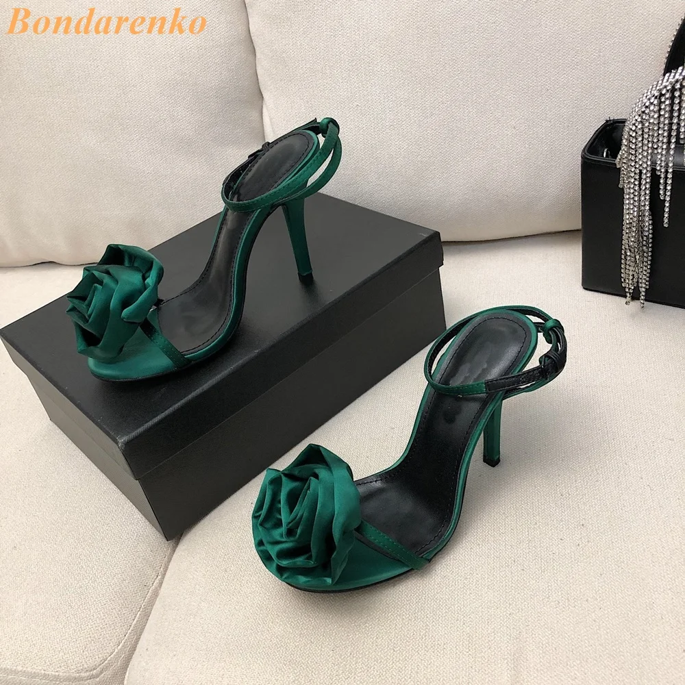 Flower Decor Satin Sandals Thin High Heel Runway 2024 Summer Fashion Solid Rosy Black New Arrivals Women Sandals