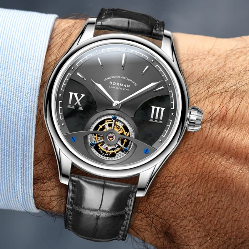 

Мужские часы BORMAN Tourbillon, роскошные, 41,5 мм, с ручным заводом, механические наручные часы, скелетонизированный циферблат, сапфировое стекло, циферблат из перламутра