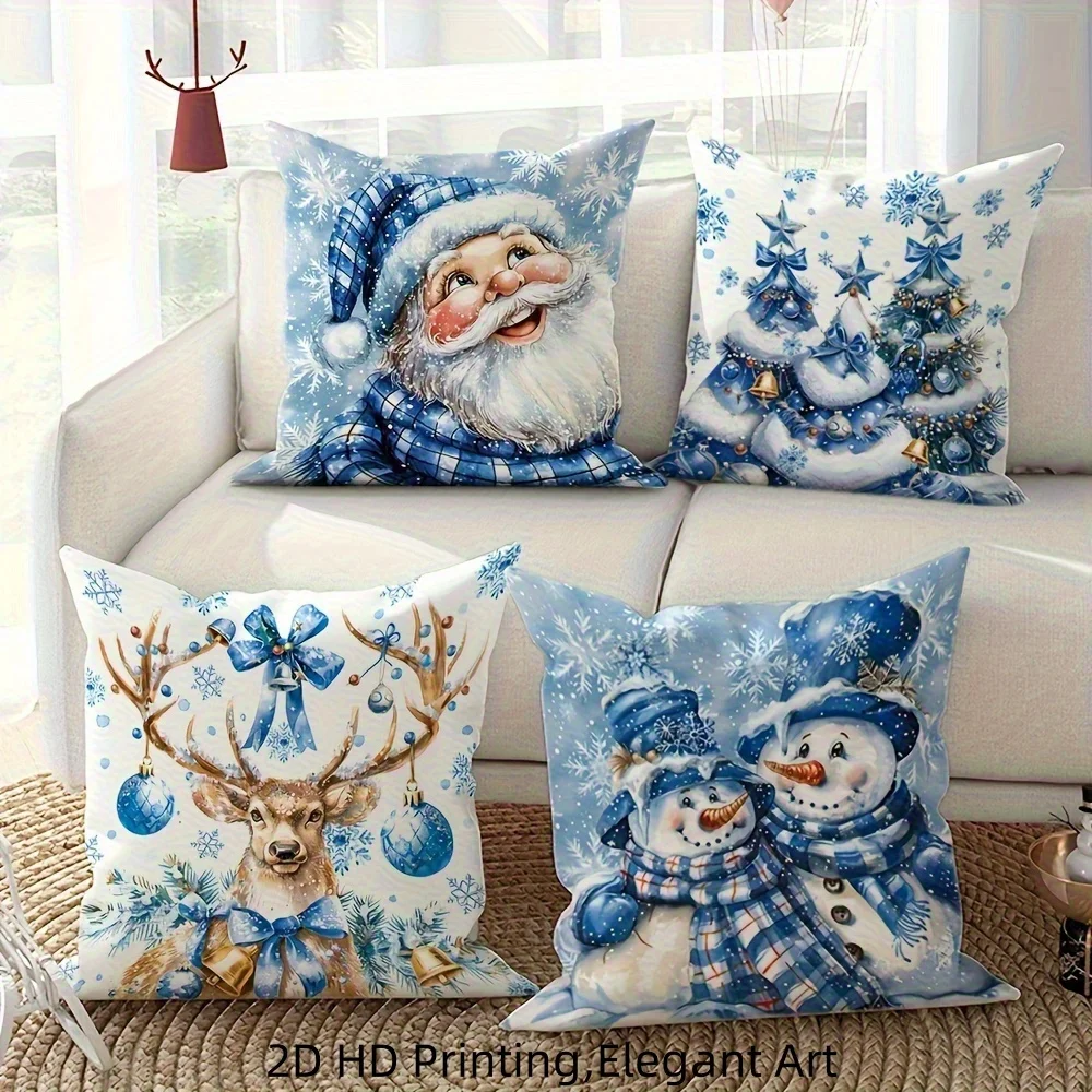 4pcs Ice Blue Christmas Pillow Covers – Blue Plaid Santa & Frosted Tree Design, Elegant Holiday Decor for Living Room