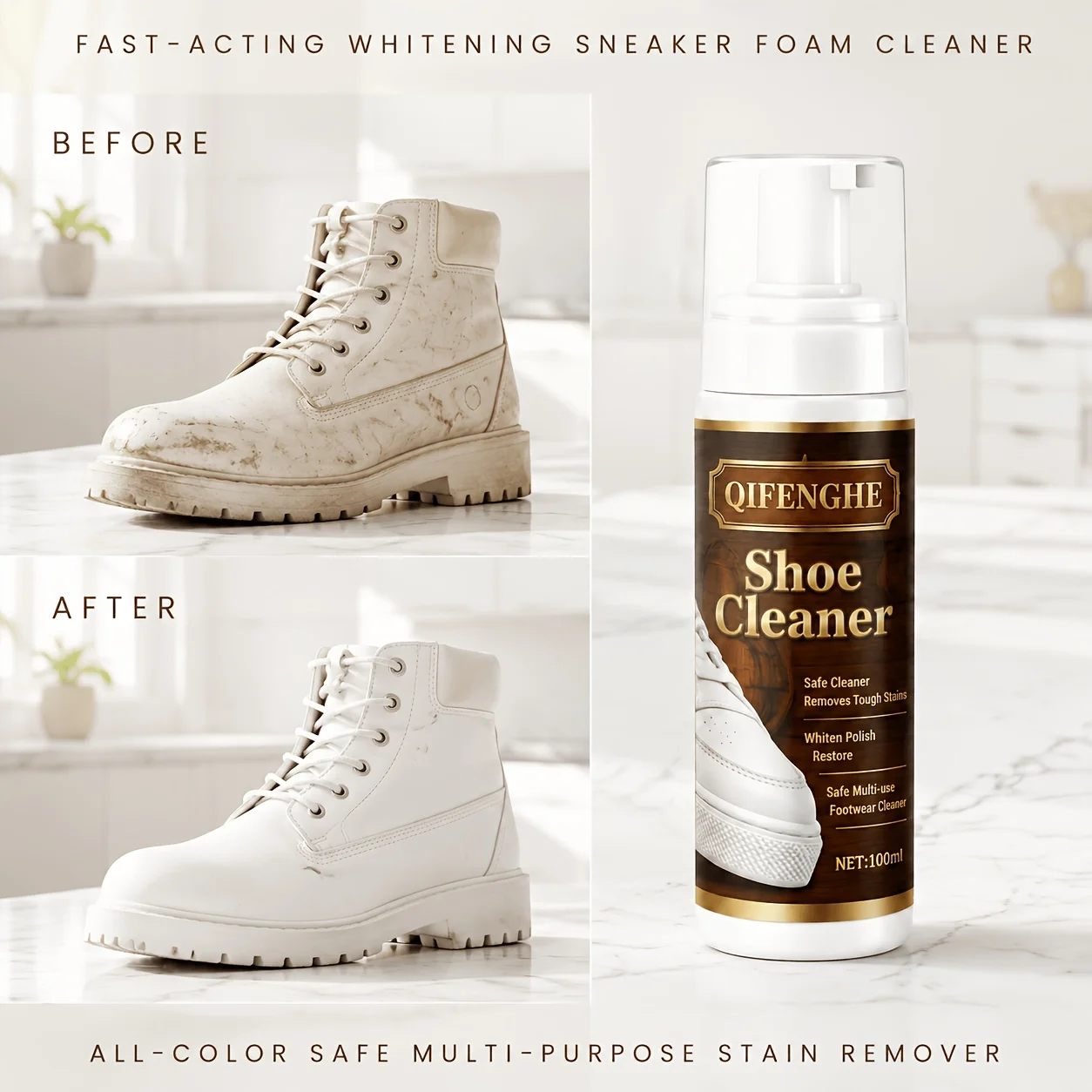 Multi-Use Footwear Cleaner 3.38oz Safe for White Sneakers, Casual Shoes