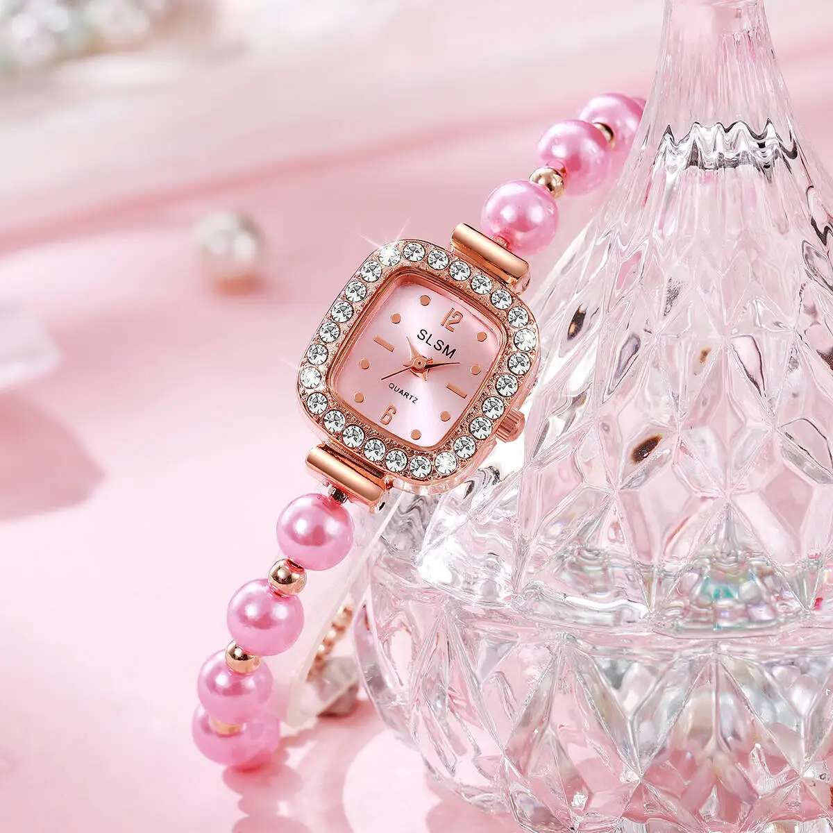 2 قطعة/المجموعة أزياء ساحة النساء الساعات تقليد حجر الراين اللؤلؤ سوار كوارتز ساعة Reloj Mujer (بدون صندوق)