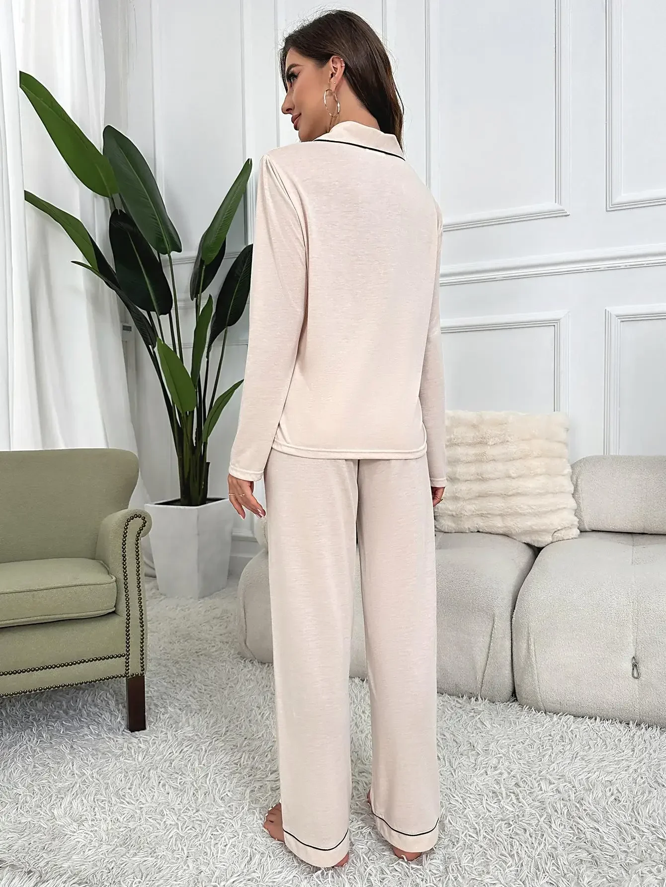 Solid Women Pajama Set Front Button Long Sleeve Top&Full-Length Pants Notched Collar 2 Piece Sleepwear Nightwear Homwear Cloth