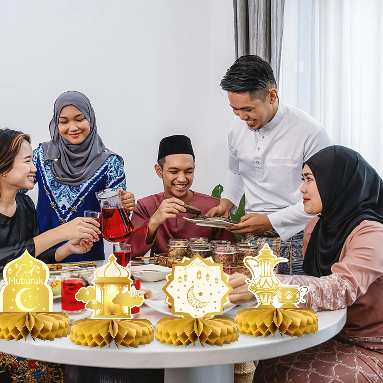 6 قطعة عيد الذهبي العسل زخرفة عيد الفطر حفلة الجدول الديكور احتفالي عيد ديكور المنزل نجمة القمر فانوس عيد نمط هدية