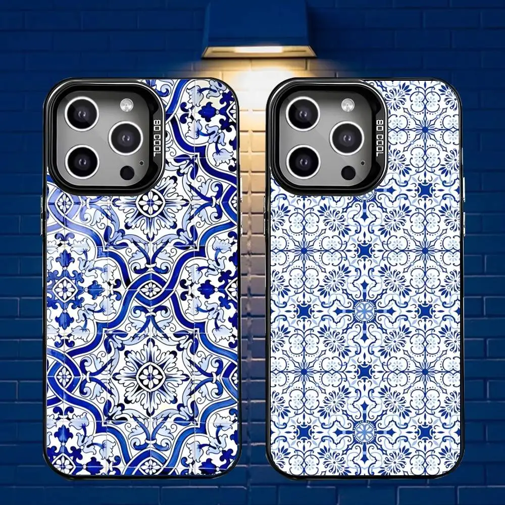 เคสโทรศัพท์ลายครามสีน้ำเงินขาว สำหรับ iPhone17,16,15,14,13,12,Mini,Pro,E,MAX สีเทาด้าน ซิลิโคนสีดำ