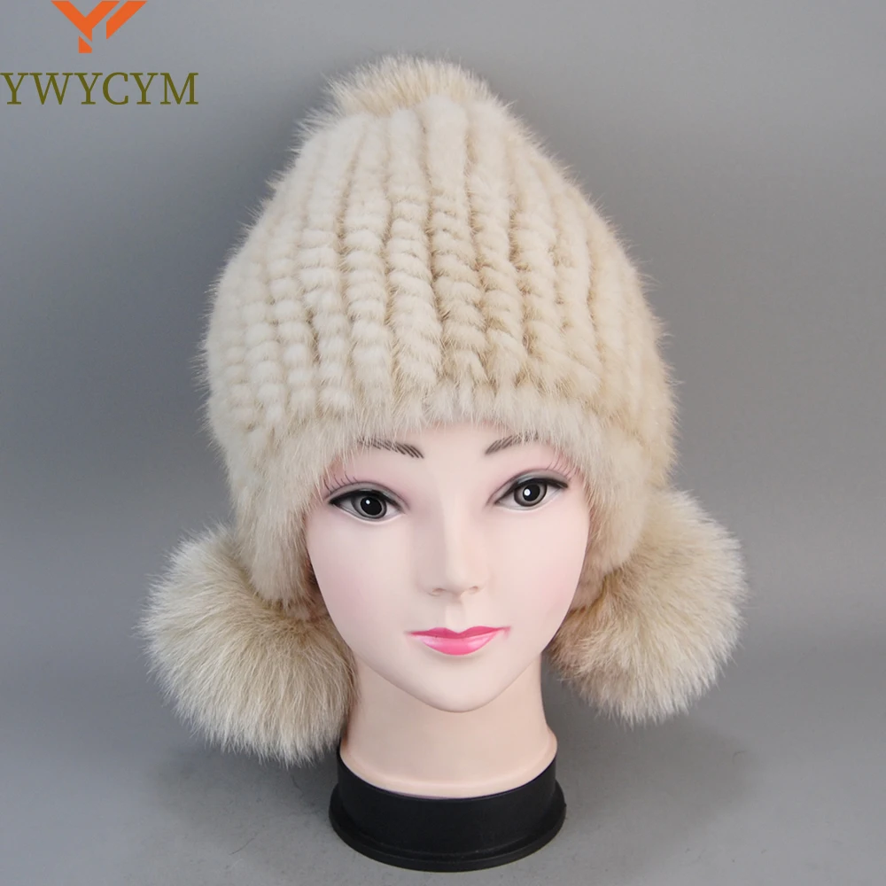 Winter Hot Sale Real Mink Fur Hat For Women Knitted Mink Fur Ear Warm Cap The Spiral Beanies Cap With Fox Fur Pompom On The Top