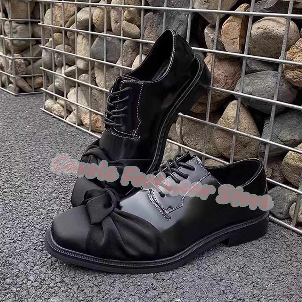 Fashion Design Bowknot Decor Square Toe Derby Shoes for Men Wedding Business Dress Shoes Male Chunky Heel Lace-up Loafers